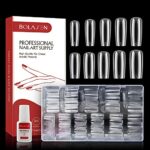 Square Nail Tips, BOLASEN Clear Square False Nails with Glue, 500Pcs Square Full Cover False Nail Tips, Clear Fake Nails Squoval Shape Acrylic Na