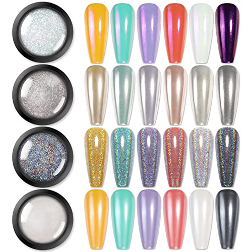 BORN PRETTY Chrome Nail Powder Holo Powder Nail Art Powder Mirror Glitter Rainbow Neon Pearl Pearl Pigment Manicure Glitter Dust 4 Boxes