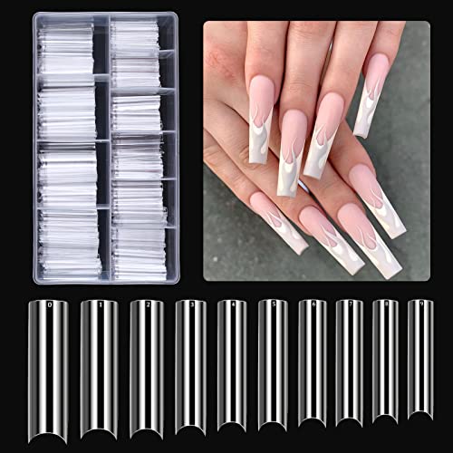 BQAN 500PCS Extra Long Nail Tips 10 Sizes XXL C Curve Half Cover Clear Fake Nails with Box for Salons and DIY Nail Art Square Straight Fake Nail