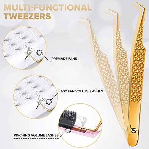 Eyelash Tweezers Professional Japanese Stainless Steel Tweezers uplift Eyelash Tweezing 5-PC Lash Extension Kit for Lifting Lashes Straight and C