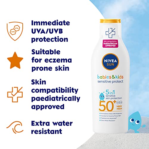 NIVEA SUN Kids Protect & Sensitive Sun Lotion (200ml) Sunscreen with SPF 50+, Kids Suncream for Sensitive Skin, Immediately Protects Against Sun