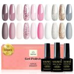 Yueshop Glitter Gel Nail Polishes Set- 10 Pack Nude Pink Soak Off UV LED Nail Manicure Kit Cured Gel Needed DIY Home Salon Nail Art