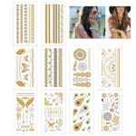 10 Sheets Temporary Tattoos,Metallic Tattoos,Flash Gold Temporary Tattoos,Waterproof Long Lasting 3D Fake Tattoo Stickers,for Adult Kids Birthday