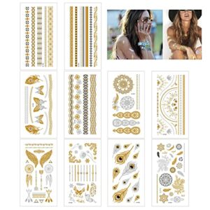 10 Sheets Temporary Tattoos,Metallic Tattoos,Flash Gold Temporary Tattoos,Waterproof Long Lasting 3D Fake Tattoo Stickers,for Adult Kids Birthday