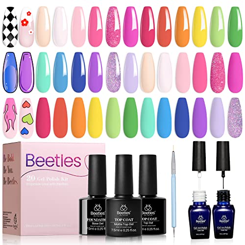 Beetles Gel Nail Polish - 20 Pcs Gel Nail Polish Set Pastel Paradise Soak Off Nail Gel Polish Nude Gray Pink Blue Glitter Gel Polish Starter Kit