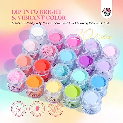 Saviland 29 PCS Dip Powder Nail Kit -【Long Last for 28 Days】20 Colors Dipping Powder, Base & Top Coat Activator Brush Saver, Nail Dipping Powder