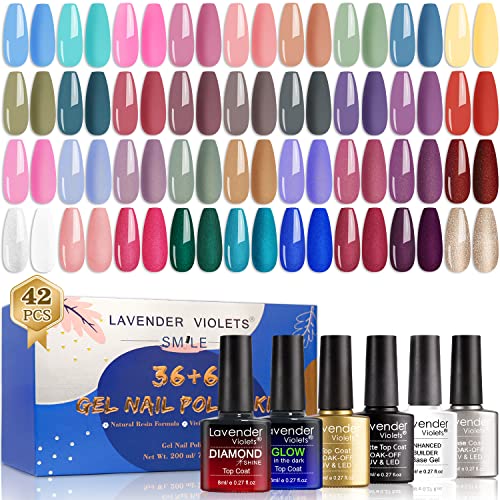 Lavender Violets 36+6 Pcs Gel Nail Polishes Set Neon UV LED Soak Off Varnish With Base,Glossy/Matte/Dimond/Glow-in-the-dark Top Coat Starter Kit