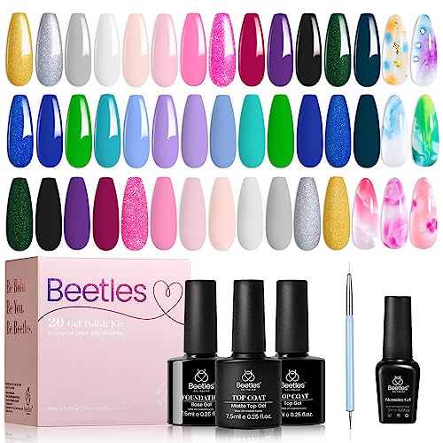 Beetles Gel Nail Polish - 20 Pcs Gel Nail Polish Set Pastel Paradise Soak Off Nail Gel Polish Nude Gray Pink Blue Glitter Gel Polish Starter Kit