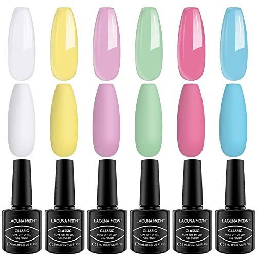 LagunaMoon™ Gel Nail Polish Set - 6 Colours Pastel Blue Pink Green Yellow White Vibrant High-Shine Kit Gel Polish for Salon Quality DIY Nails - U