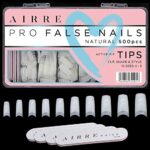 500 AIRRE Pro Acrylic Nail Tips & 4 Files with Box - (10 Sizes) French Square Half Cover False Nails. For Salons MUA & Home DIY. Use: Cut, File &