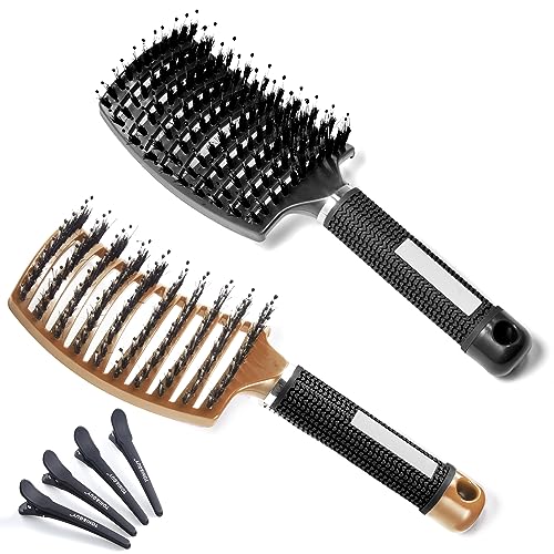 Lictin Curly Hair Brush Comb - Detangler Brush Set Boar Bristle Paddle 2 Hairbrush, Hair Brush Comb Set with 4 Haircilps for Hair Salon or Home S