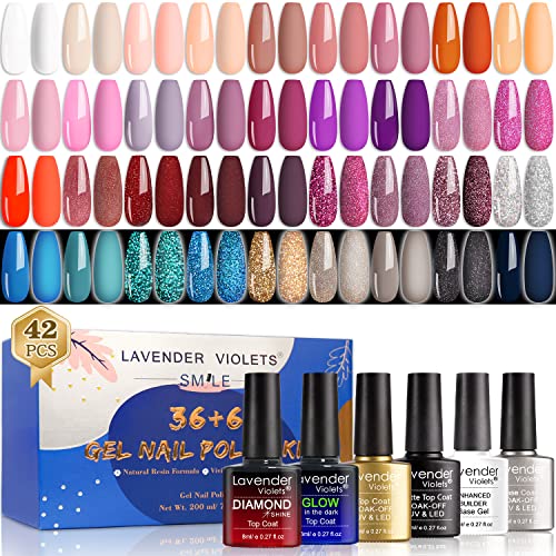 Lavender Violets 36+6 Pcs Gel Nail Polishes Set Neon UV LED Soak Off Varnish With Base,Glossy/Matte/Dimond/Glow-in-the-dark Top Coat Starter Kit