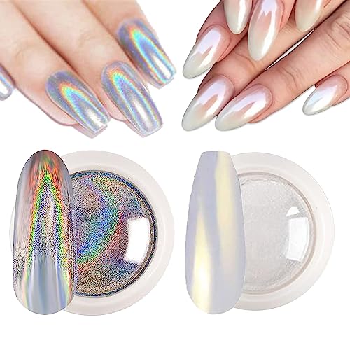 Chrome Nail Powder, White Pearl Nail Powder 4Pcs Chrome Powder for Nails, Metallic Holographic Nail Powder Mermaid Aurora Nail Art Pigment Solid
