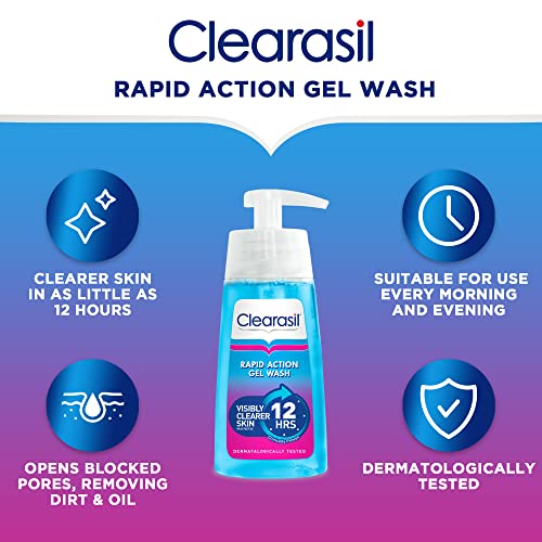 Clearasil Ultra Rapid Action Gel Wash, Unclog Pores For A Visibly Clearer Skin, Remove Dirt & Spots, Pack Of 3 x 150ml