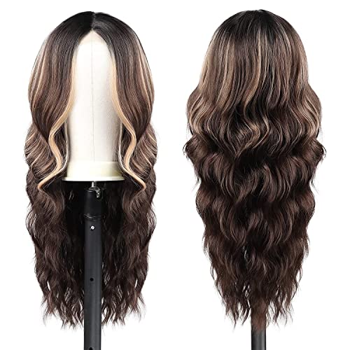 Long Brown Wavy Wig 24 Inch Highlight Wigs for Women Middle Part Curly Synthetic Hair Natural Looking Heat Resistant Fiber for Daily Party Use (B
