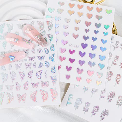 9 Sheets Holographic Nail Art Stickers Self-Adhesive Nail Decals Star Butterfly Flame Moon Flower Nail Sticker Manicure Tips DIY Nail Art Design