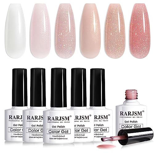RARJSM Nude Gel Polish Set Pale Pink Milky Jelly Peach Pink Apricot Beige Champagne Brown Shimmer Holographic Glitter Iridescent Gel Nail Polish