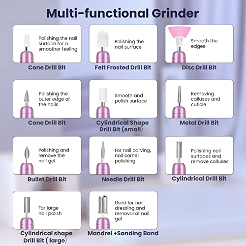 Electric Nail Files, Professional Nail Drill Machine, 20000RPM Adjustable Speed Manicure Pedicure Set with 11 Drill Bits, Low Vibration Low Noise