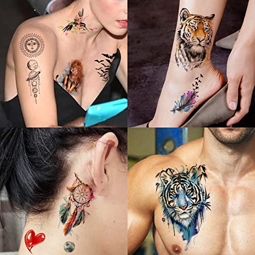 LAROI 31 Sheets Watercolor Temporary Tattoos For Kids Women Men Adults, Rose Peony Flower Fake Tattoo Stickers, Colorful Planets Star Animals Tat