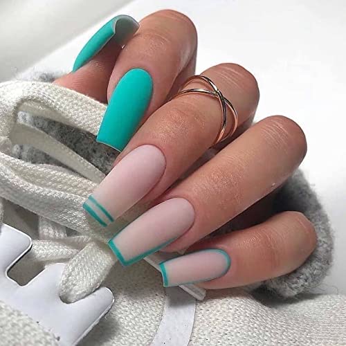 RUNRAYAY Medium Length French Tips Press on Nails with Designs, Nude White Acrylic Nails Press On, Stick on Nails for Women, Glue on Nails Fake N