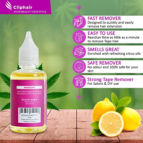 Cliphair Tape Hair Extensions Remover 30ml, Easy to Use Tape Remover Hair Extensions 1 FL oz, Citrus Oil Enriched Adhesive Tape Remover 30ml