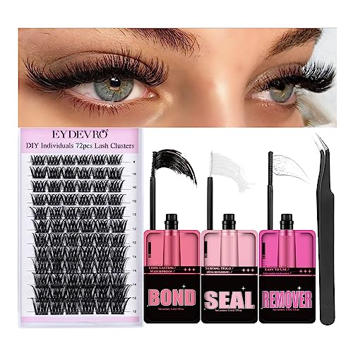 DIY Lash Extension Kit Lash Clusters Individual Eyelash Extension Kit with 3 in 1 Lash Bond and Seal and Remover and Lash Tweezers Applicator, 8-
