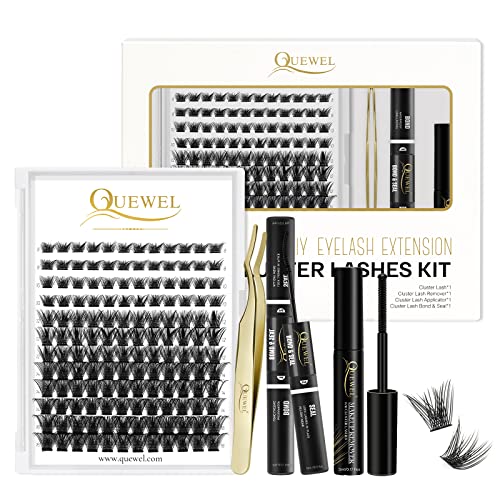 Individual Lashes 240 Cluster-Lashes QUEWEL DIY Lash-Extensions Kit, Clusters Eyelash Applicator, Cluster Lashes Bond and Seal Super Hold, Cluste