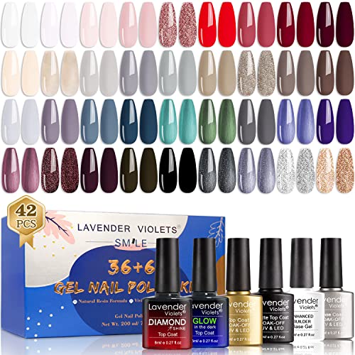 Lavender Violets 36+6 Pcs Gel Nail Polishes Set Neon UV LED Soak Off Varnish With Base,Glossy/Matte/Dimond/Glow-in-the-dark Top Coat Starter Kit