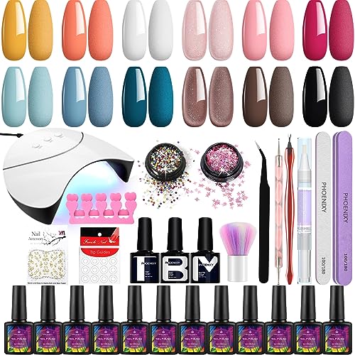 Gel Nail Polish Set, Phoenixy 12 Colours Gel Nail Polish Kit with UV/LED Nail Lamp,Soak Off Nail Polish Glossy Matte Top Coat Gel Nail Starter Ki