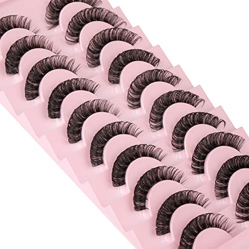 Newcally Eyelashes Russian Strip Lashes Natural Wispy Cat Eye False Eye Lashes Pack 3D Clear Band Fluffy Fake Eyelashes 10 Pairs