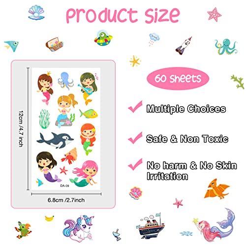 ECHOCUBE Temporary Tattoos for Kids,60 sheets Mixed Style Waterproof Fake Tattoo Sticker Set with Dinosaur Animal Space Unicorn Mermaid Car Theme