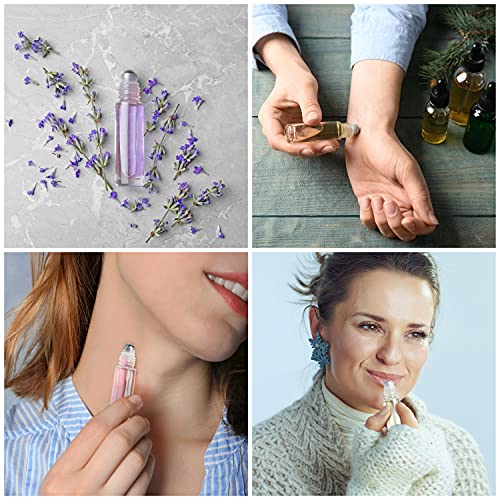 BELLE VOUS Clear Glass Roll-On Bottles & 3 Droppers (24 Pack) - 10ml Refillable Roller Bottles with Stainless Steel Balls - Essential Oils, Aroma