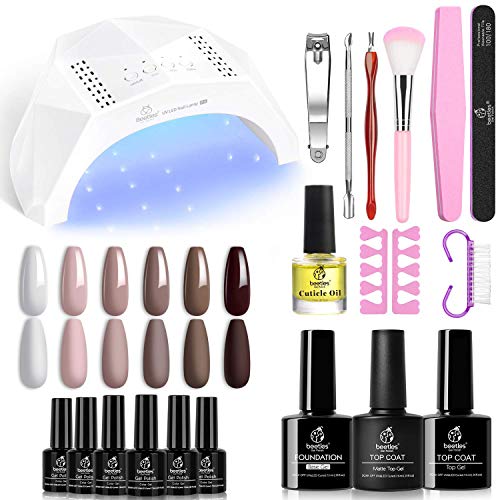 Beetles Gel Nail Polishes Starter Kit, 6 Colors Nail Salon Set with 48W Nail Lamp, Pink Valentines Decorations French White Glitter Pink Nude Gel