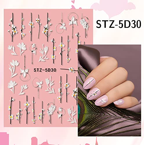 FRIUSATE 3 Sheet 5D Embossed Flower Nail Art Stickers Decals Self-Adhesive Nail Art Stickers DIY Floral Nail Decals For Women Girls Nail Art Deco