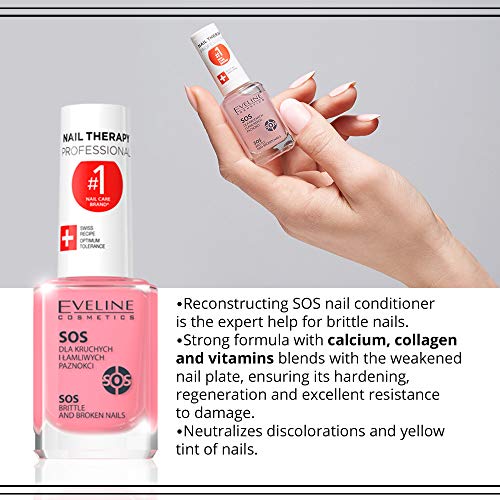 Eveline Cosmetics SOS Broken & Brittle Nail Therapy Professional | 12 ML | Strengthening Hardening Conditioner with Calcium and Collagen | Repair