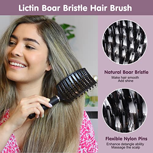 Lictin Curly Hair Brush Comb - Detangler Brush Set Boar Bristle Paddle 2 Hairbrush, Hair Brush Comb Set with 4 Haircilps for Hair Salon or Home S
