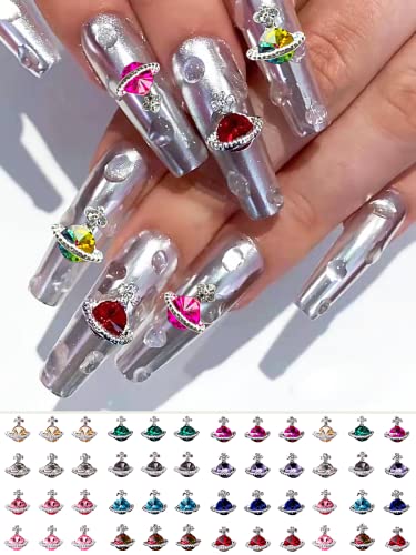 60Pcs Nail Charms Colorful Planet Nail Rhinestones Charms, HOINCO 3D Shiny Saturn Shape Nail Art Alloy Diamond Crystal Luxury Nail Ornament Gems