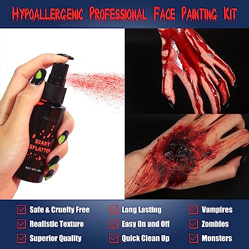 BOBISUKA Halloween Fake Blood Makeup Kit - Realistic Washable Special Effects SFX Makeup Coagulated Blood + Dripping Blood + Spray For Zombie Vam