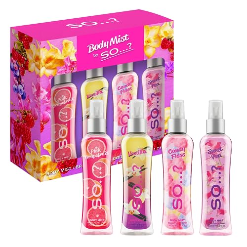 Body Mist By So…? Luscious Four Womens Body Mist Gift Set, with Pink Grapefruit, Vanilla, Candy Floss, & Sweet Pea, Fragrance Spray Set (4x100ml)