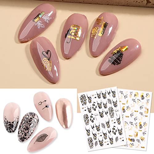 9 Sheets Black Gold Abstract Nail Art Stickers Line Plant Nail Stickers Self-Adhesive Line Leaf Flower Lady Face Leopard Print Nail Decals Sticke