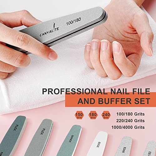 Nail Files Canvalite Gel Nail File Set Professional Double Sided Nail File and Buffer Set Washable Emery Boards Grit 100/150/180/220/240/280/1000