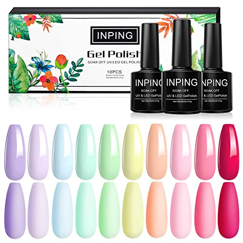 INPING Pastel Gel Nail Polish, 10 Color Spring Summer Nail Polishes Set Candy Macaroon Collection Required Soak Off UV/LED Lamp for Starter DIY N