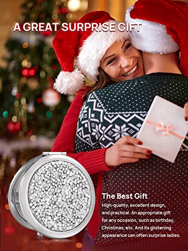 OMIRO Compact Mirror, Mini Mix Diamond 1X/2X Magnifying Round Metal Pocket Makeup Mirror (Silver)