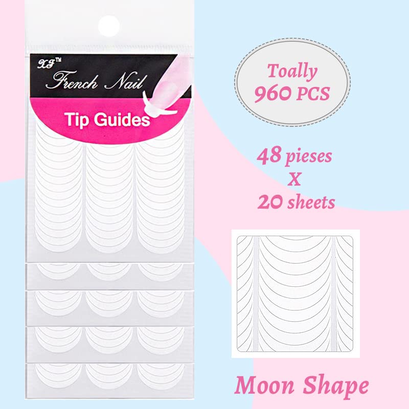 French Nail Stickers 960Pcs | 20 Sheets French Manicure Stickers, French Tip Stickers Self-Adhesive, Moon Shape French Manicure Nail Stickers | D