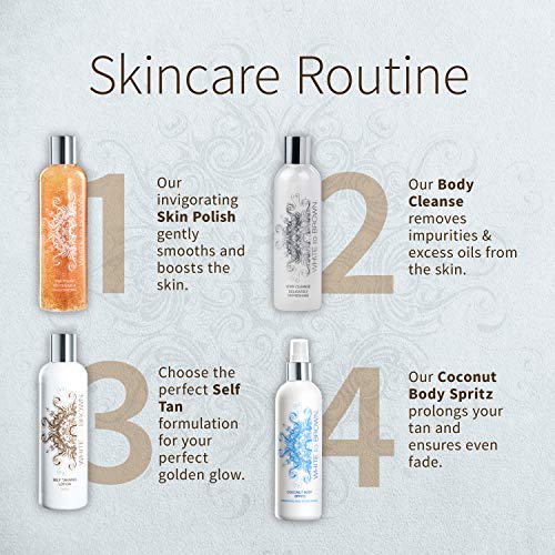 WHITE to BROWN Self Tanning Mousse made with Natural Ingredients. Fast Drying, Easy application for a Long-Lasting, Natural-Looking, Streak-Free