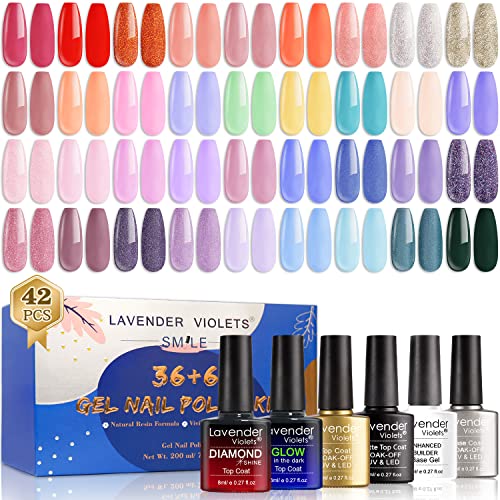 Lavender Violets 36+6 Pcs Gel Nail Polishes Set Neon UV LED Soak Off Varnish With Base,Glossy/Matte/Dimond/Glow-in-the-dark Top Coat Starter Kit
