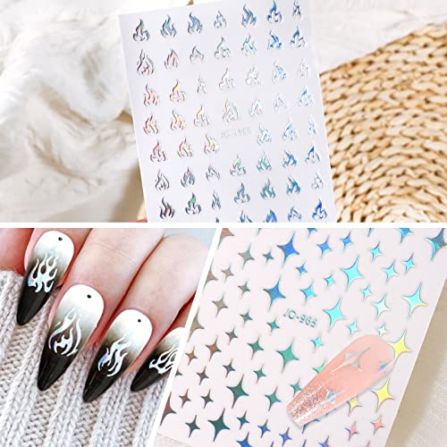 9 Sheets Holographic Nail Art Stickers Self-Adhesive Nail Decals Star Butterfly Flame Moon Flower Nail Sticker Manicure Tips DIY Nail Art Design