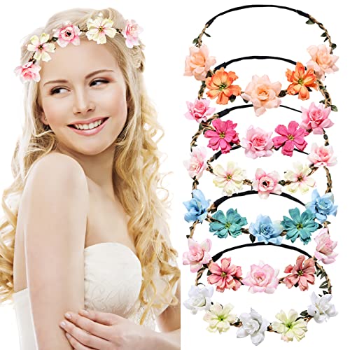 GmeDhc Flower Crown Headbands, 6 Pieces Flower Headbands for Women Girls, Boho Floral Headband Wreath, Floral Headpieces Festival Hair Accessorie