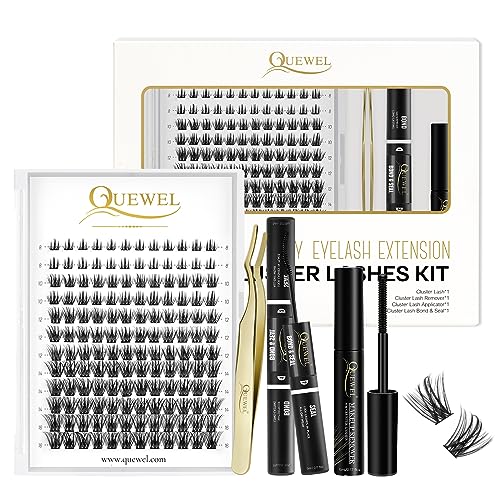 Individual Lashes 240 Cluster-Lashes QUEWEL DIY Lash-Extensions Kit, Clusters Eyelash Applicator, Cluster Lashes Bond and Seal Super Hold, Cluste