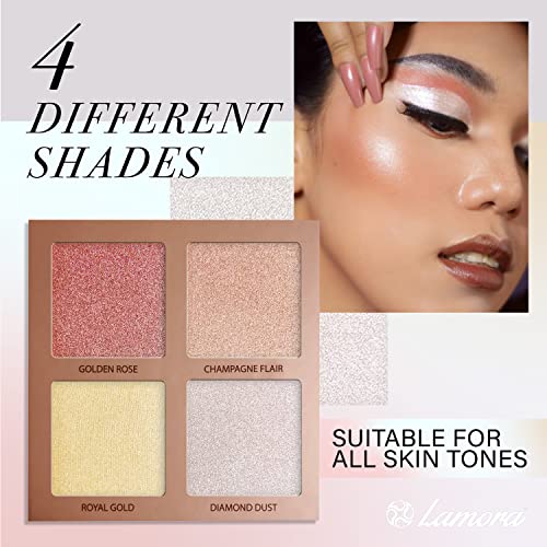 Highlighter Make-up Bronzer Powder Palette - Face Highlighter Makeup Palette Set With Mirror - 4 Highly Pigmented Shimmer Colors For Highlighting